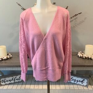 Pink V-Neck Sweater with Lace Sleeves